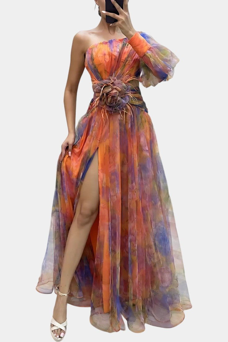 Amelie | Vestido Maxi Asimétrico de Un Hombro con Estampado Artístico