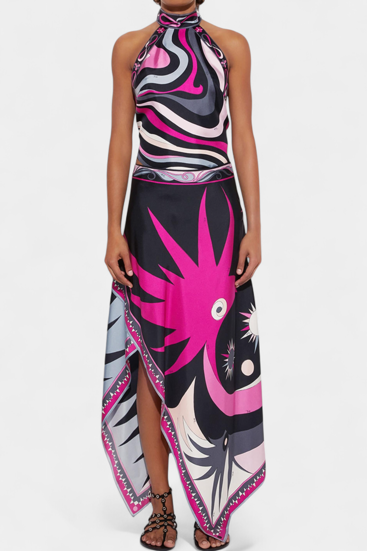 Ciana | Conjunto Satén con Falda Abstracta y Top Halter