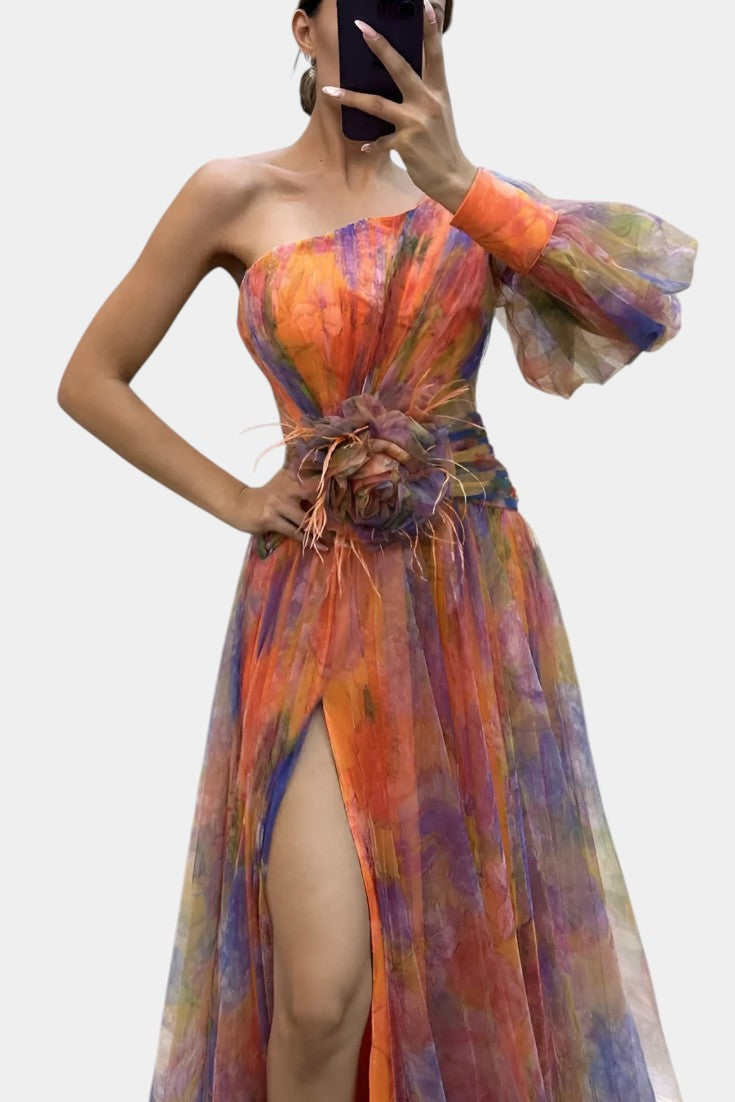 Amelie | Vestido Maxi Asimétrico de Un Hombro con Estampado Artístico