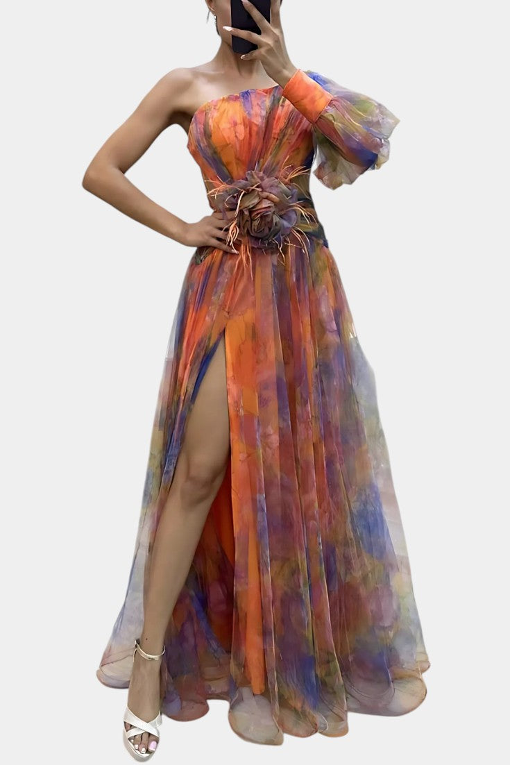 Amelie | Vestido Maxi Asimétrico de Un Hombro con Estampado Artístico