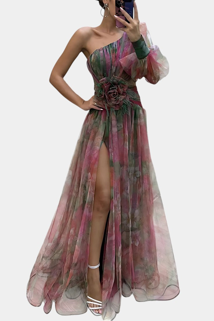 Amelie | Vestido Maxi Asimétrico de Un Hombro con Estampado Artístico