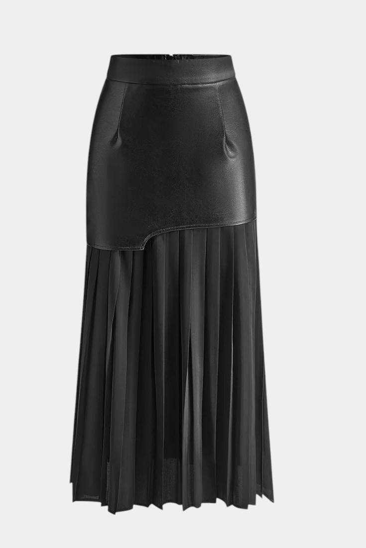 Noelle | Falda Maxi Asimétrica de Chifón y Cuero Sintético
