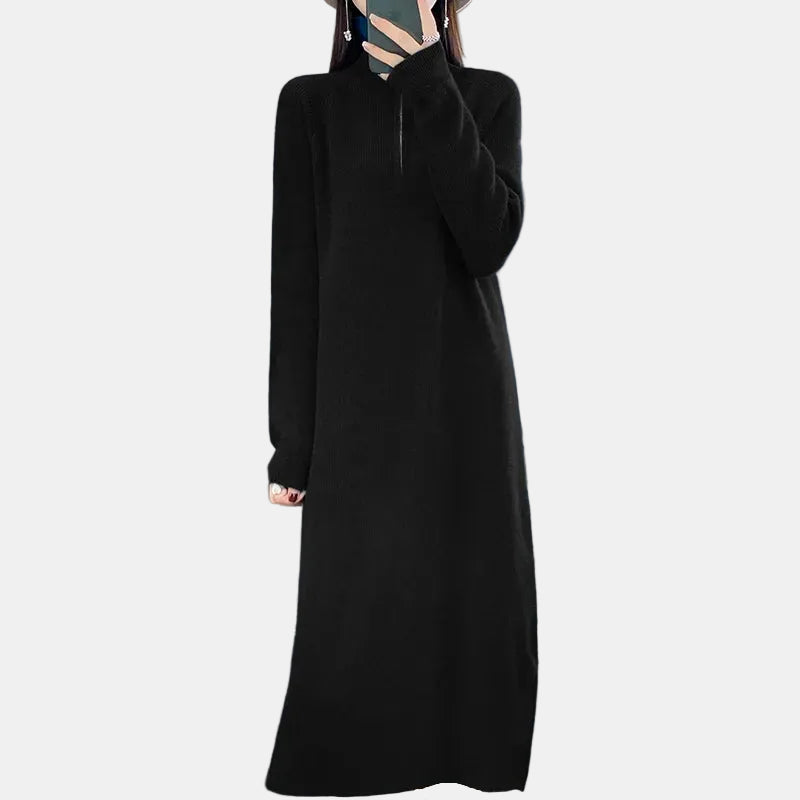 Sofía | Vestido Negro de Punto de Lana Merino con Cremallera, Cálido y Suave