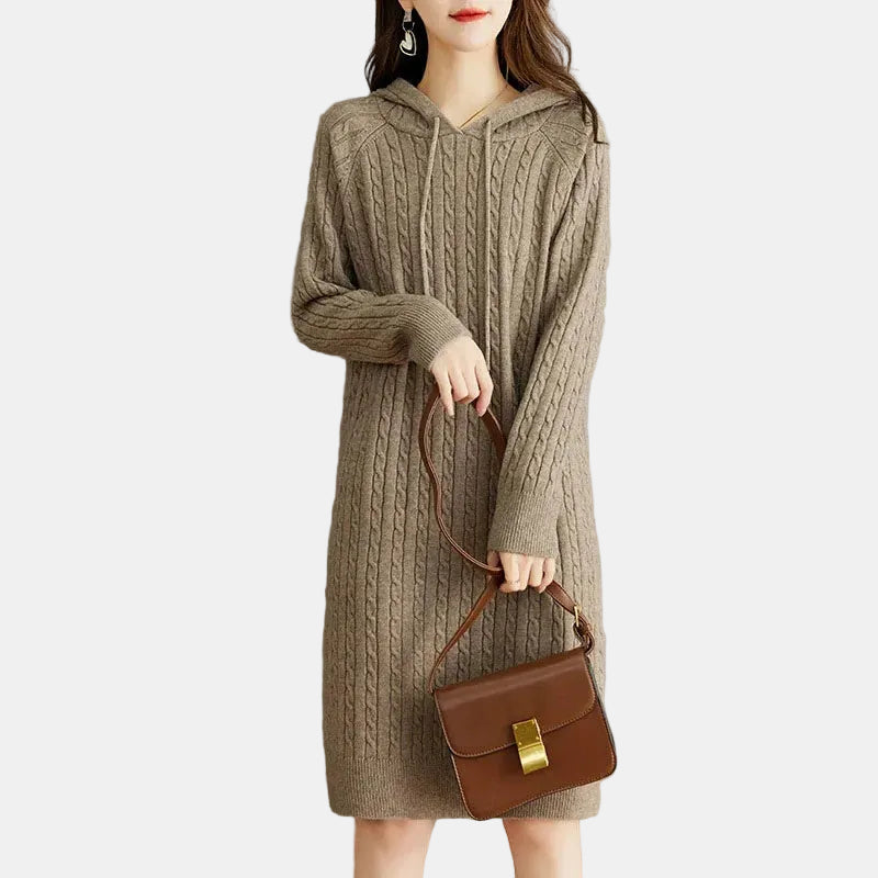 Elena | Vestido Camello de Punto con Capucha Cálido, Cómodo y elegante
