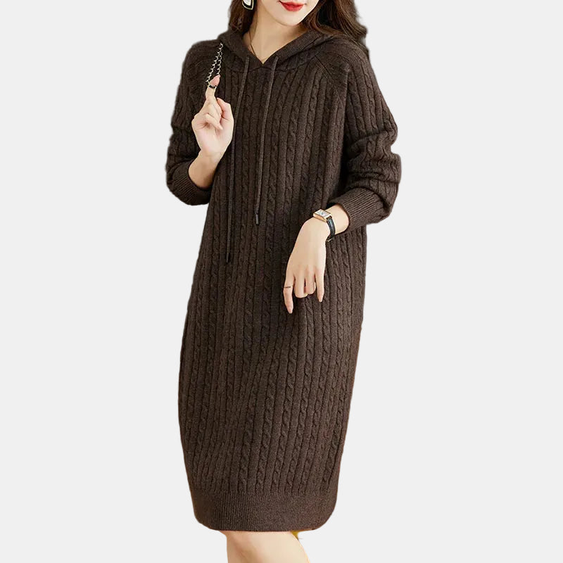 Elena | Vestido Café de Punto con Capucha Cálido, Cómodo y elegante