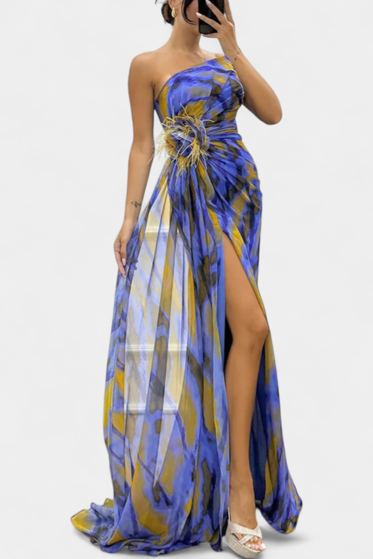 Aylin | Vestido Maxi Asimétrico con Estampado Vibrante