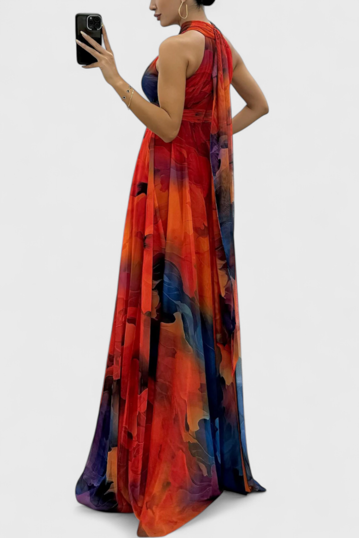 Caprice | Vestido Maxi de Gasa con Estampado Floral y Cuello Halter