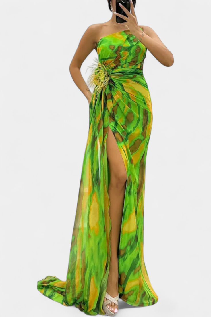 Aylin | Vestido Maxi Asimétrico con Estampado Vibrante