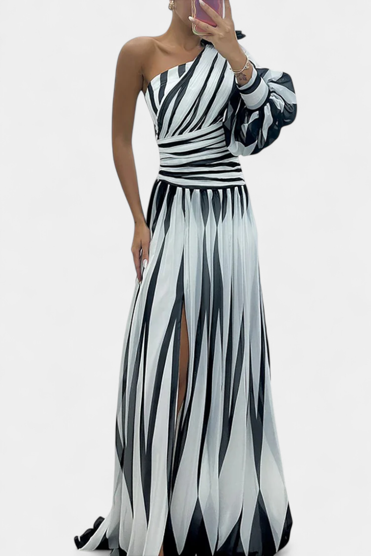 Bethania | Vestido Maxí Elegante de Rayas con Un Solo Hombro