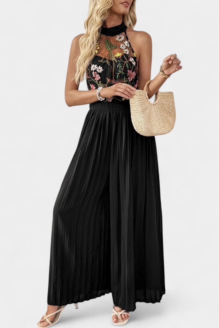 Maruja | Mono Palazzo con Bordado Floral y Encaje Transparente